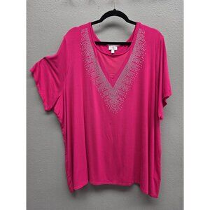 Avenue Shirt Womens 2X V Neck Short Sleeve Studded Embellished Top Plus Size